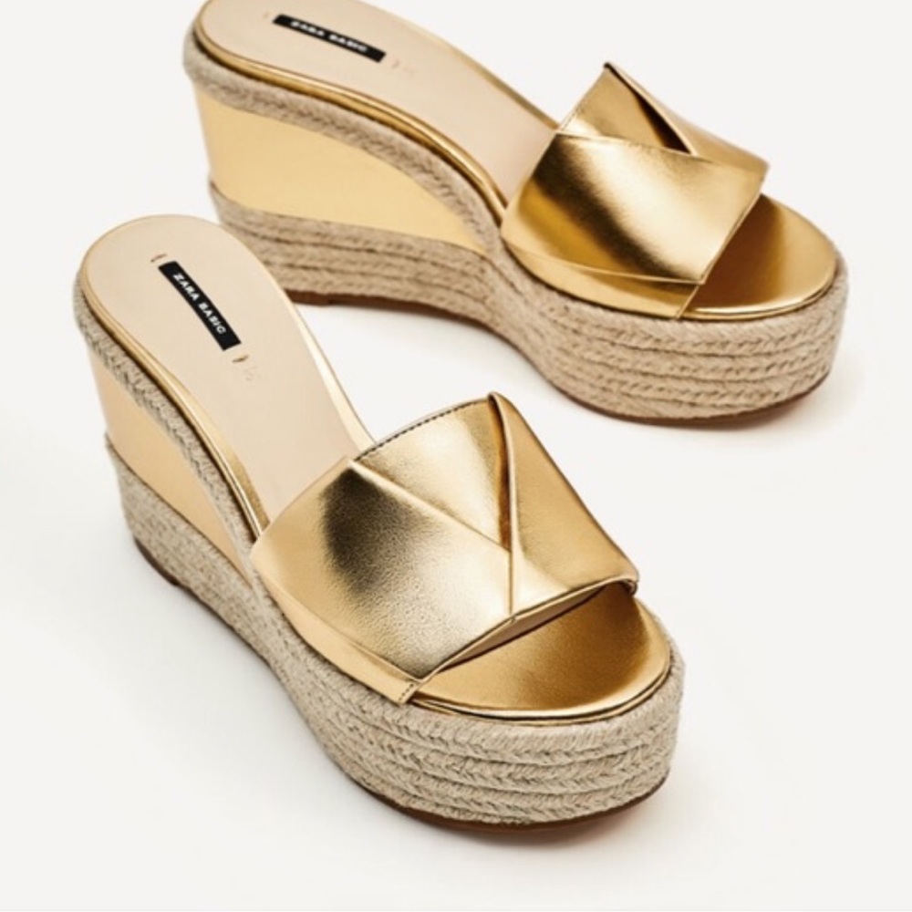 Zara Gold Platform Wedge Sandals
